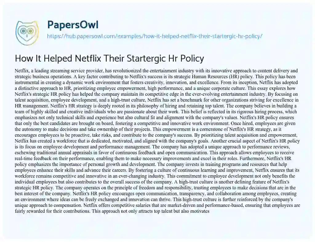 Essay on How It Helped Netflix Their Startergic Hr Policy