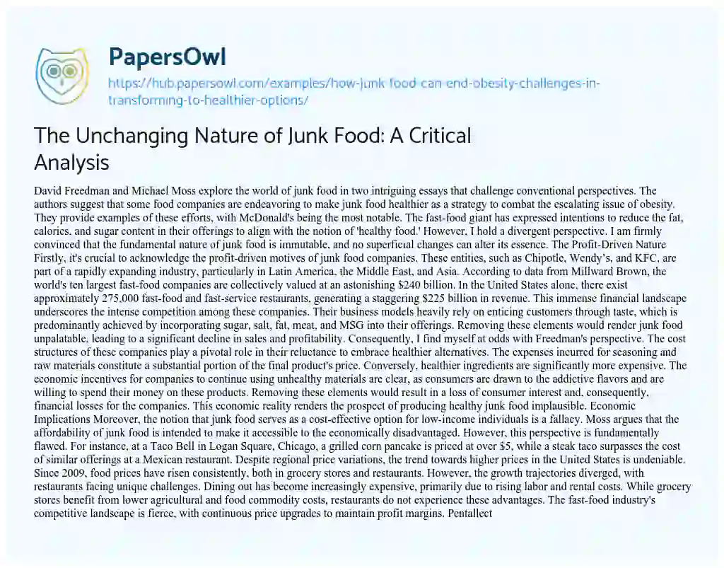 Essay on The Unchanging Nature of Junk Food: A Critical Analysis