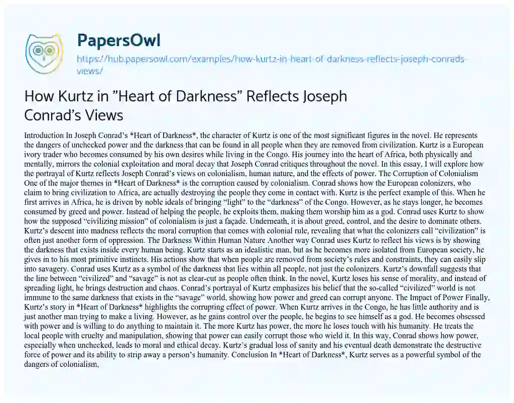 Essay on How Kurtz in “Heart of Darkness” Reflects Joseph Conrad’s Views