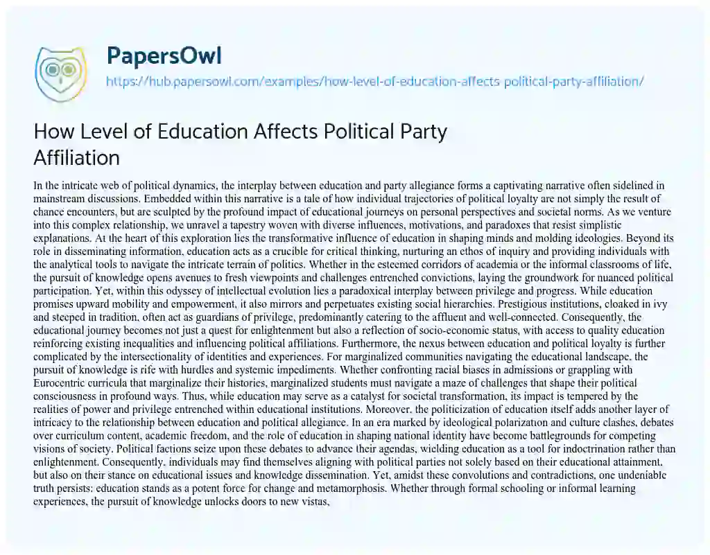 Essay on How Level of Education Affects Political Party Affiliation