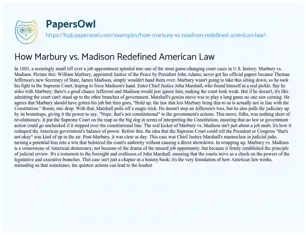 Essay on How Marbury vs. Madison Redefined American Law