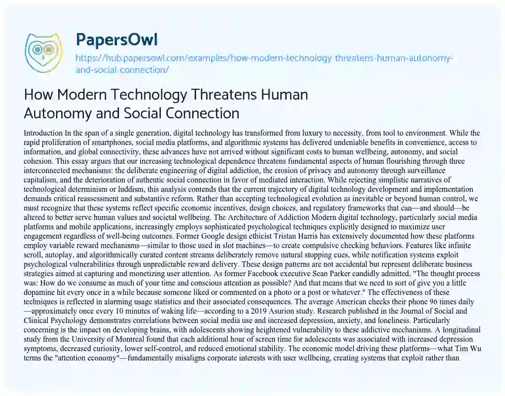 Essay on How Modern Technology Threatens Human Autonomy and Social Connection