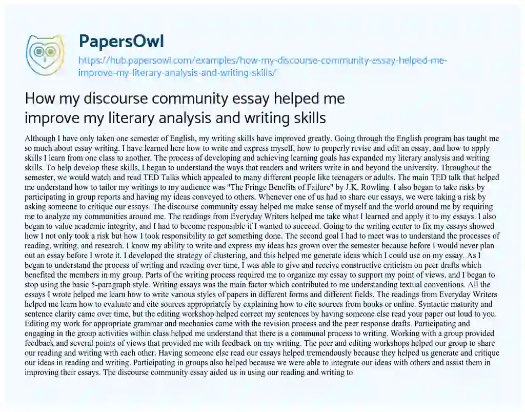 Essay on How my discourse community essay helped me improve my literary analysis and writing skills