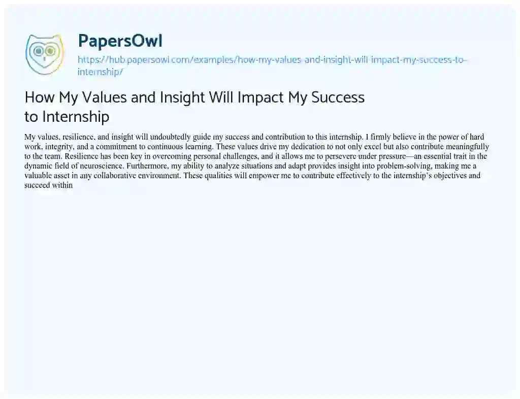Essay on How My Values and Insight Will Impact My Success to Internship