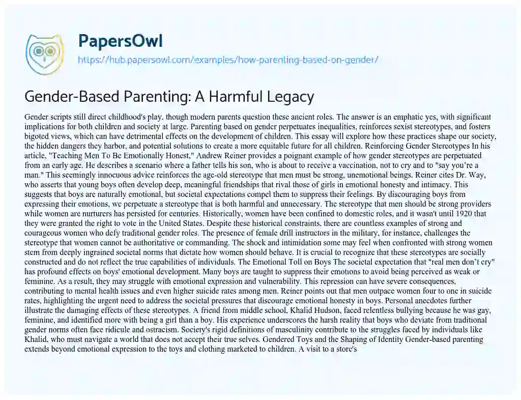 Essay on Gender-Based Parenting: A Harmful Legacy