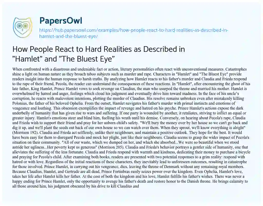 Essay on How People React to Hard Realities as Described in “Hamlet” and “The Bluest Eye”
