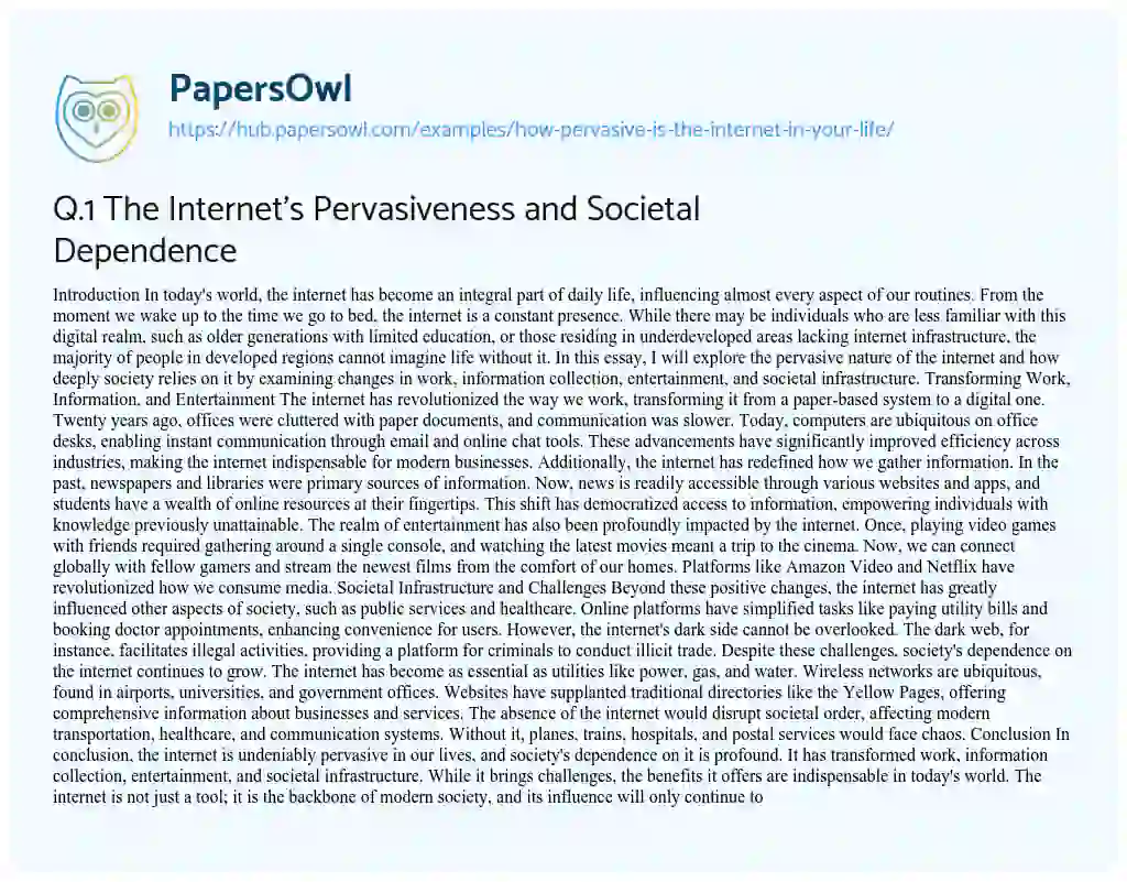 Essay on Q.1 The Internet’s Pervasiveness and Societal Dependence