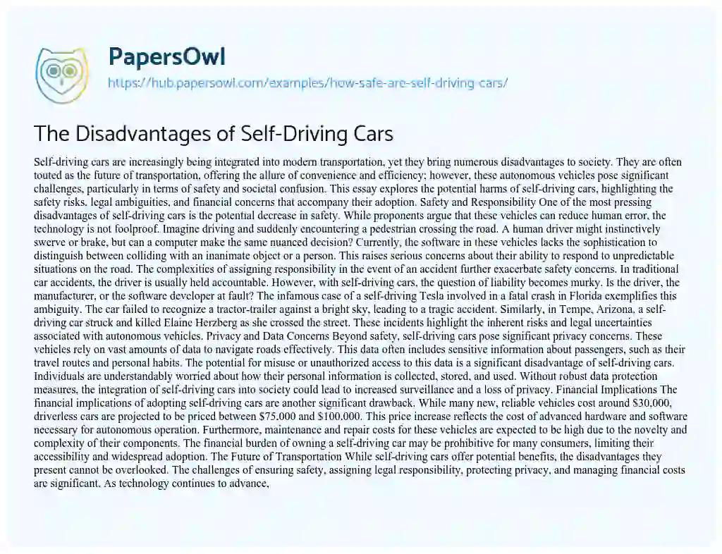 Essay on The Disadvantages of Self-Driving Cars