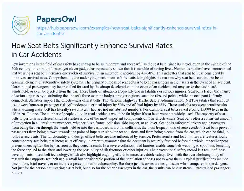 Essay on How Seat Belts Significantly Enhance Survival Rates in Car Accidents