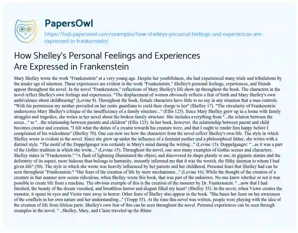 Essay on How Shelley’s Personal Feelings and Experiences Are Expressed in Frankenstein