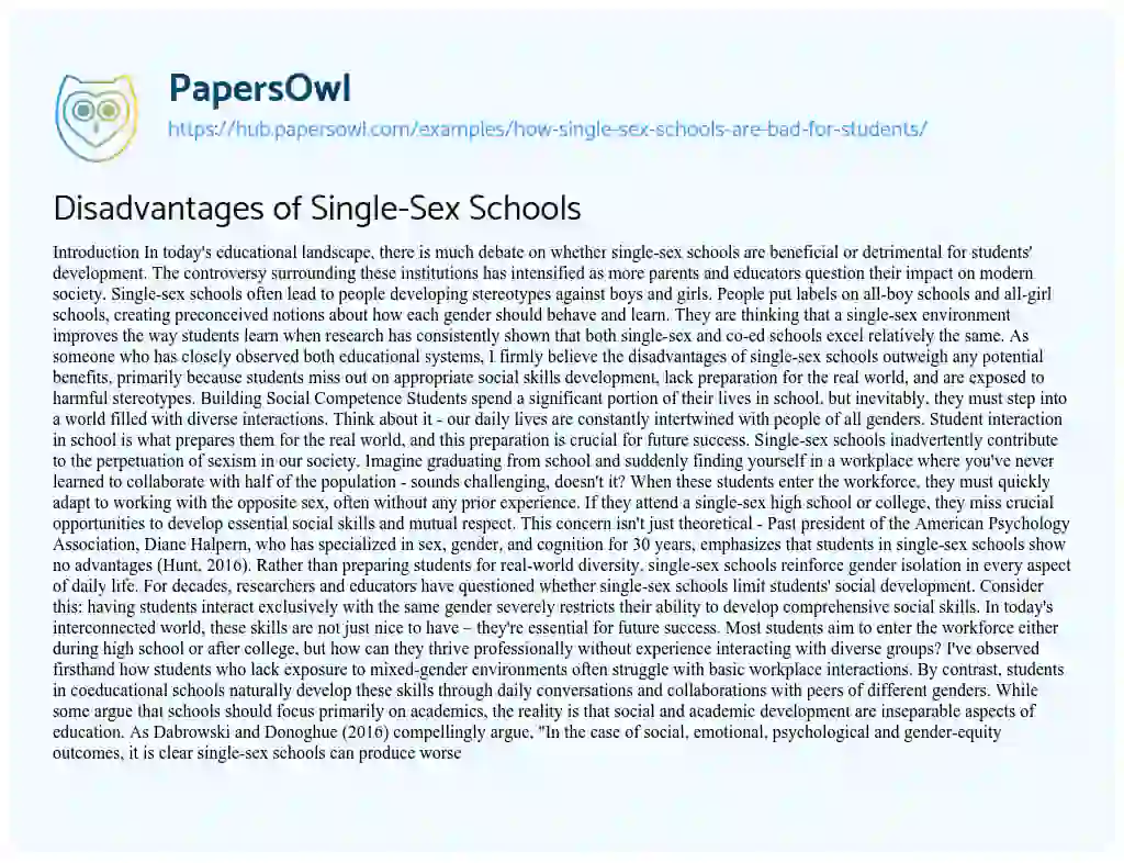 Essay on Disadvantages of Single-Sex Schools