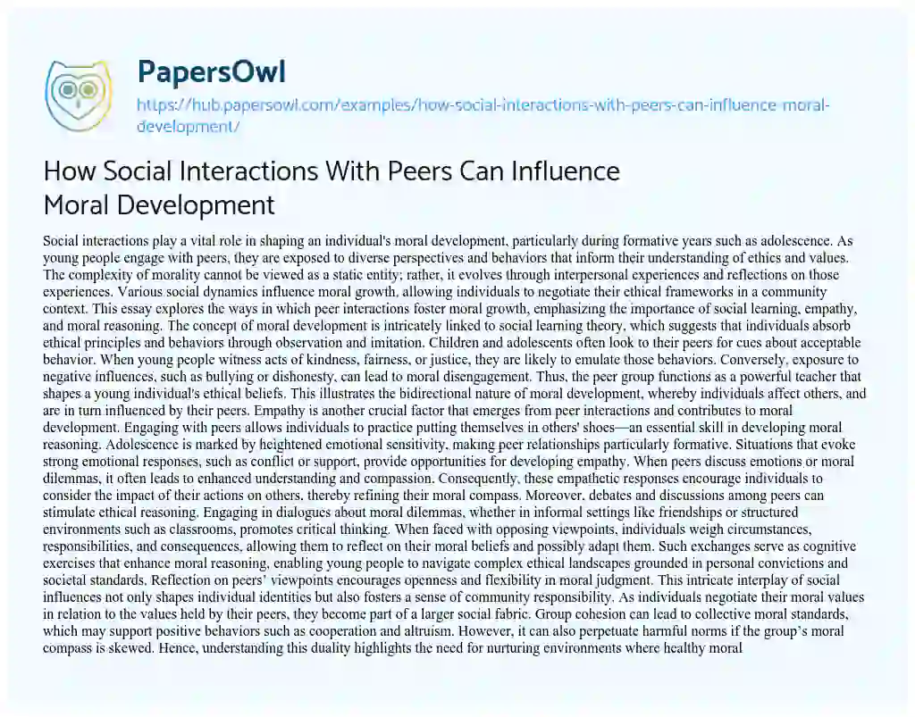 Essay on How Social Interactions With Peers Can Influence Moral Development