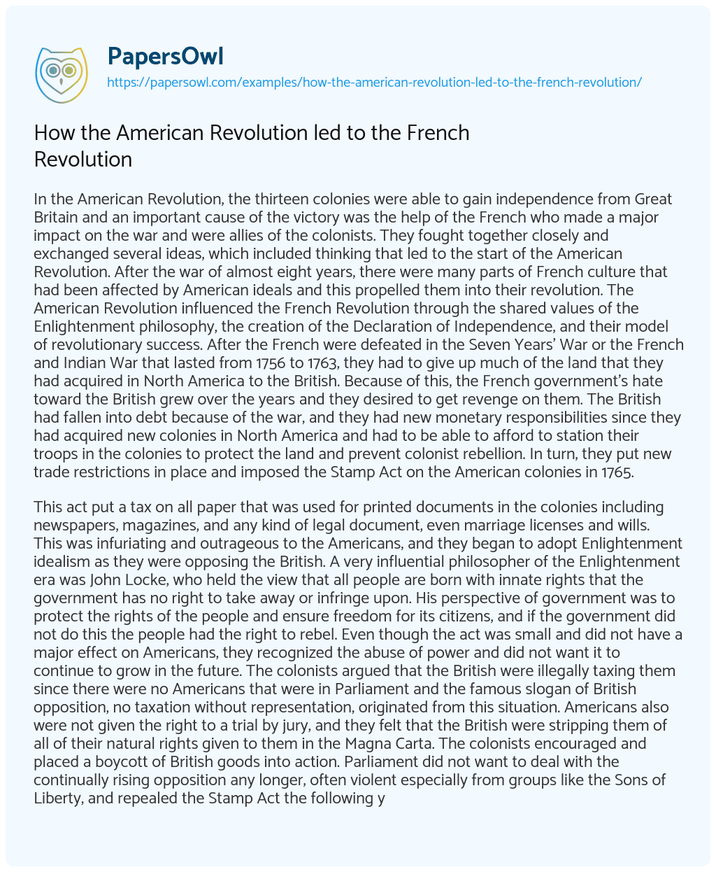 Essay on How the American Revolution led to the French Revolution