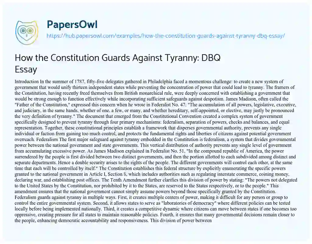 Essay on How the Constitution Guards Against Tyranny: DBQ Essay