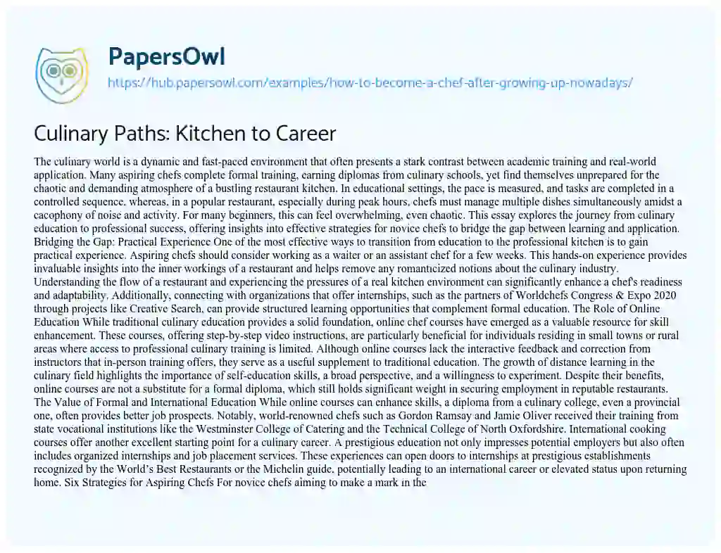 Essay on Culinary Paths: Kitchen to Career
