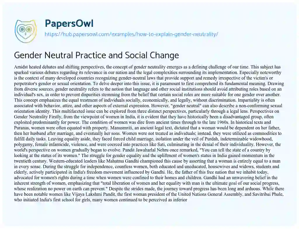 Essay on Gender Neutral Practice and Social Change