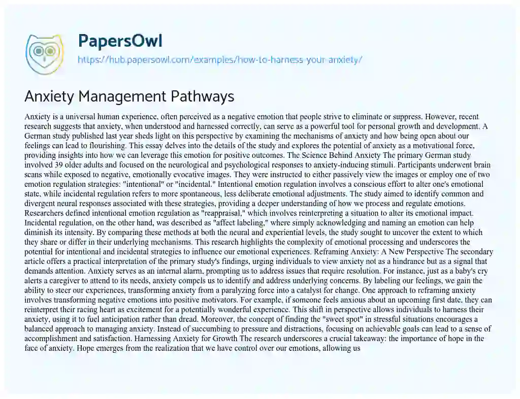 Essay on Anxiety Management Pathways