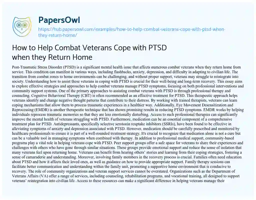 Essay on How to Help Combat Veterans Cope with PTSD when they Return Home