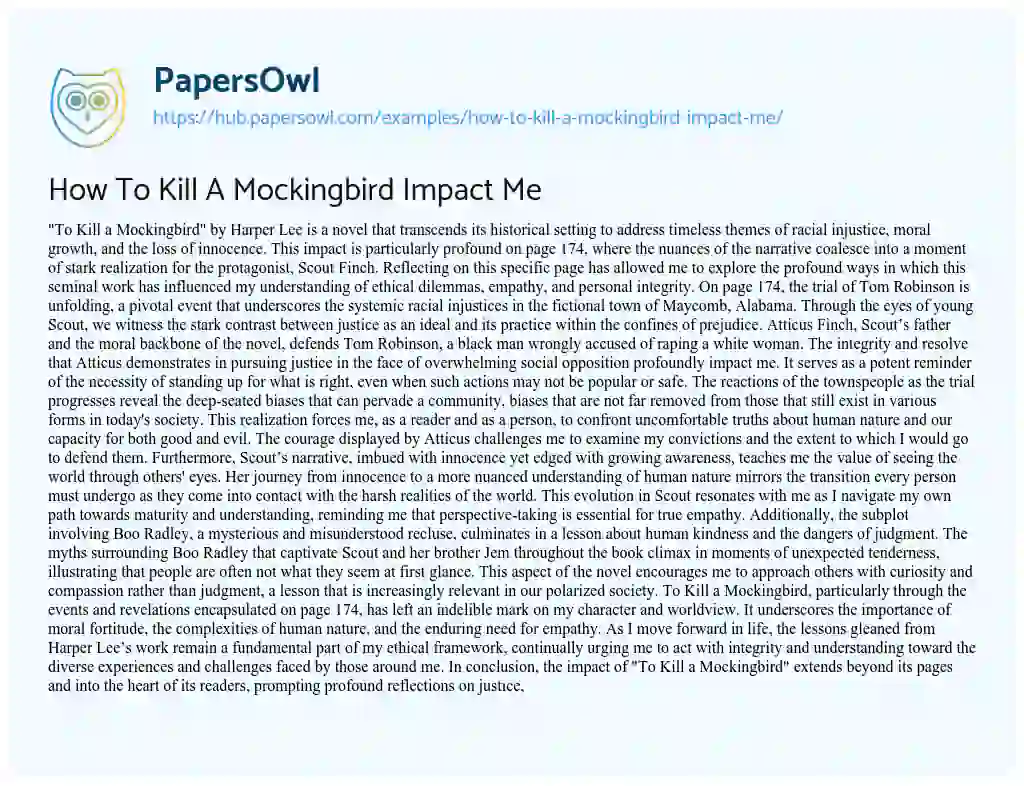 Essay on How To Kill A Mockingbird Impact Me