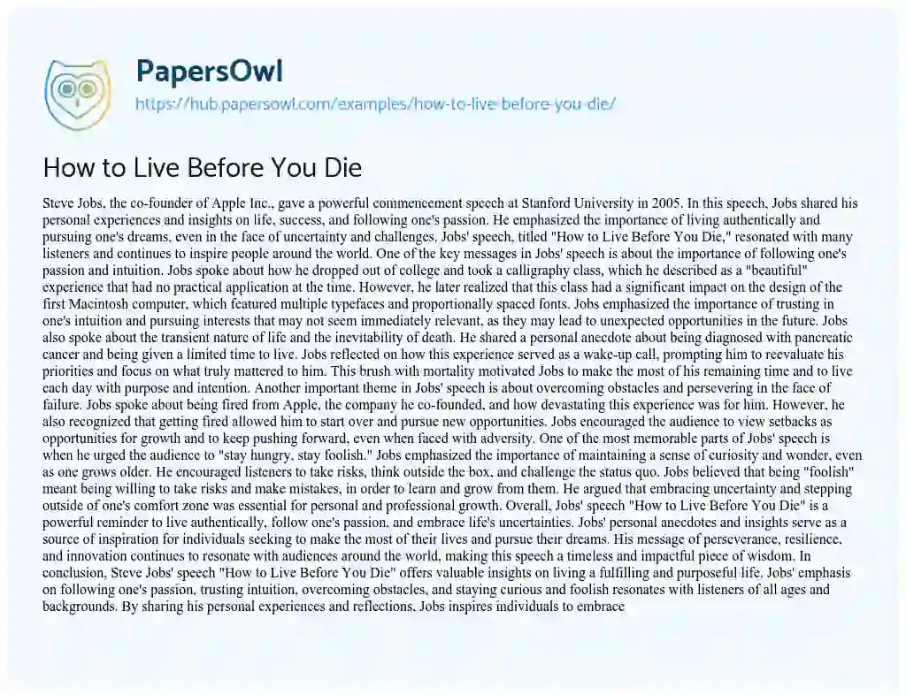 Essay on How to Live Before You Die