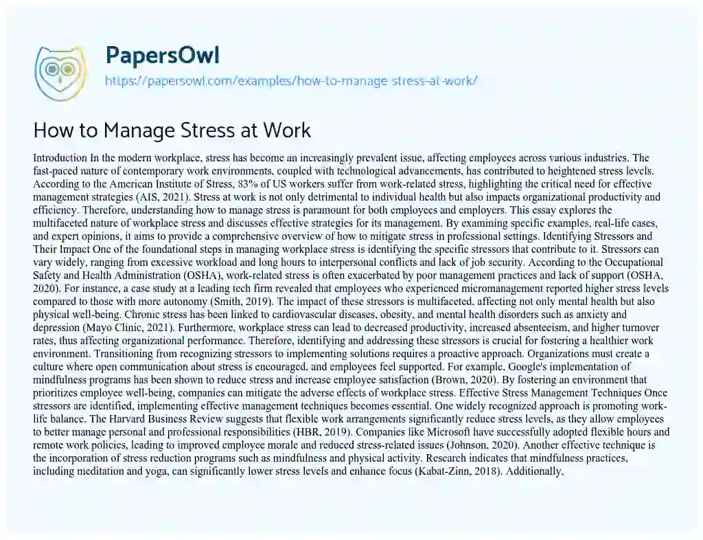 Essay on How to Manage Stress at Work