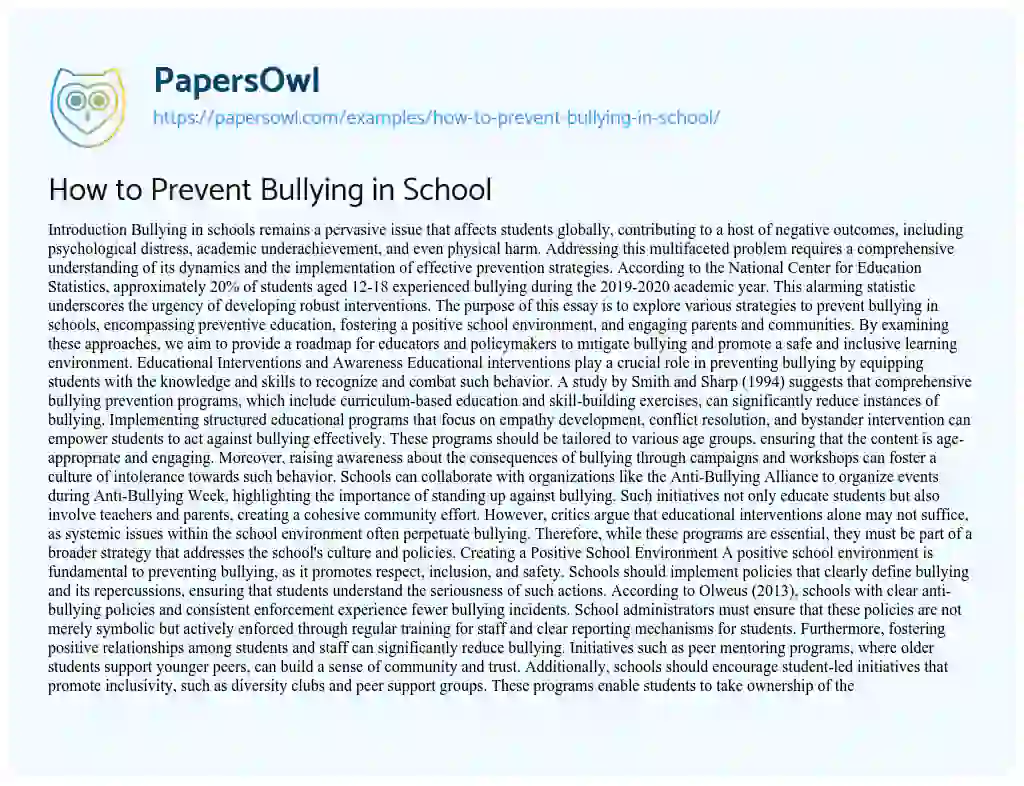 Essay on How to Prevent Bullying in School