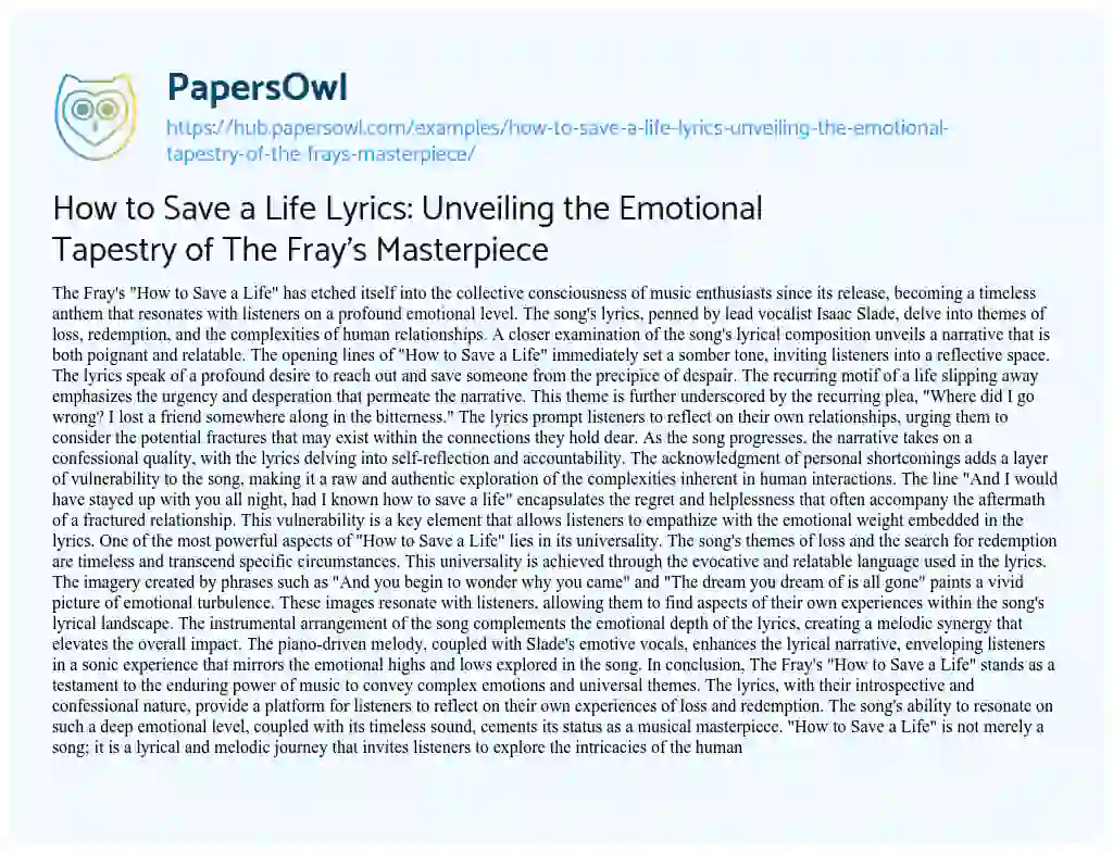 Essay on How to Save a Life Lyrics: Unveiling the Emotional Tapestry of The Fray’s Masterpiece