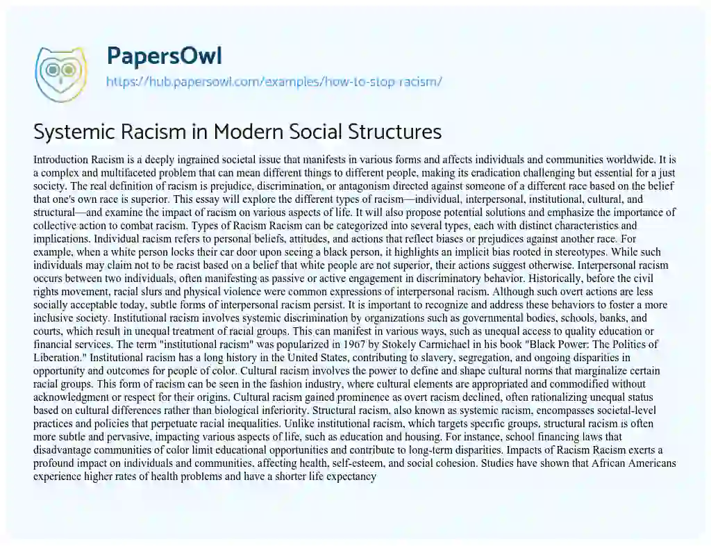Essay on Systemic Racism in Modern Social Structures