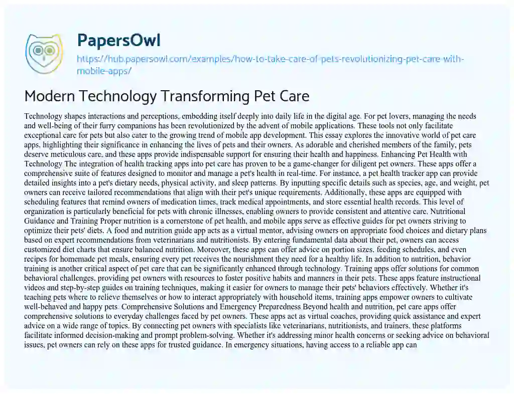 Essay on Modern Technology Transforming Pet Care