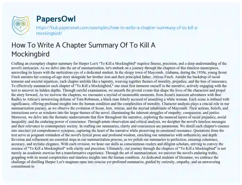 Essay on How To Write A Chapter Summary Of To Kill A Mockingbird
