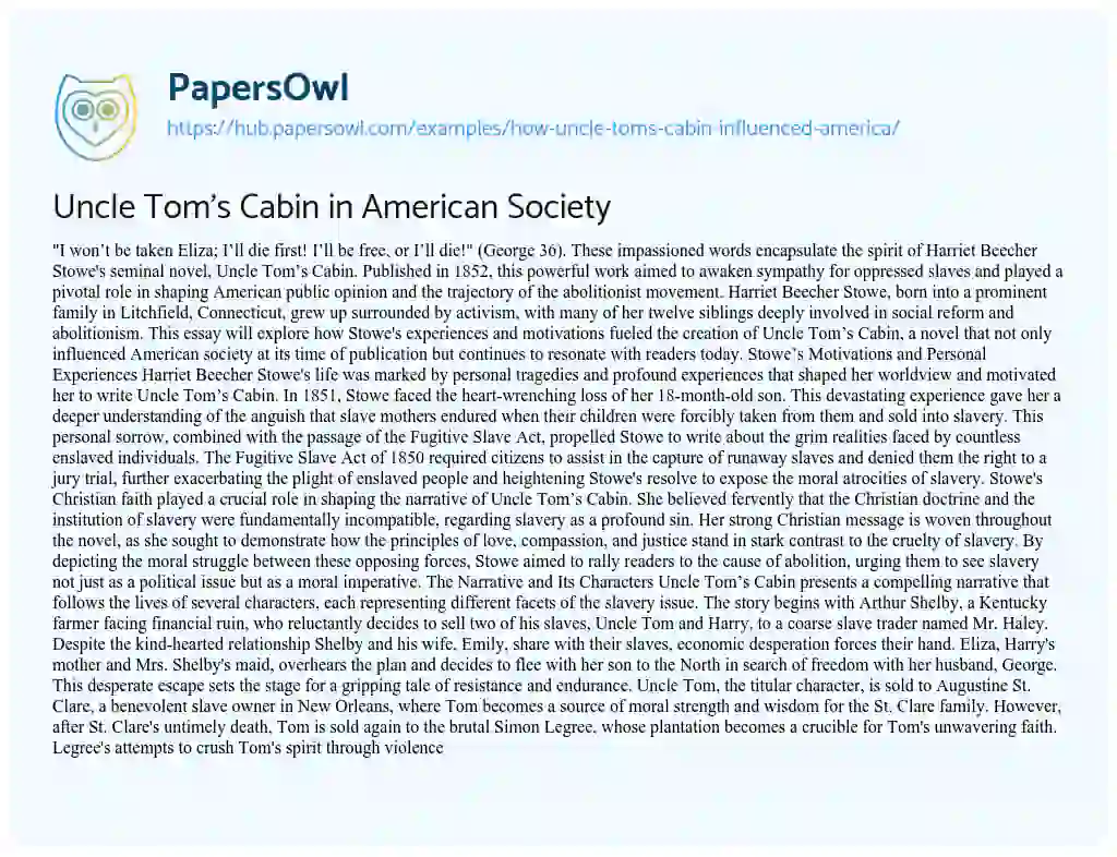 Essay on Uncle Tom’s Cabin in American Society