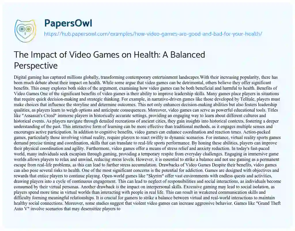 Essay on The Impact of Video Games on Health: A Balanced Perspective