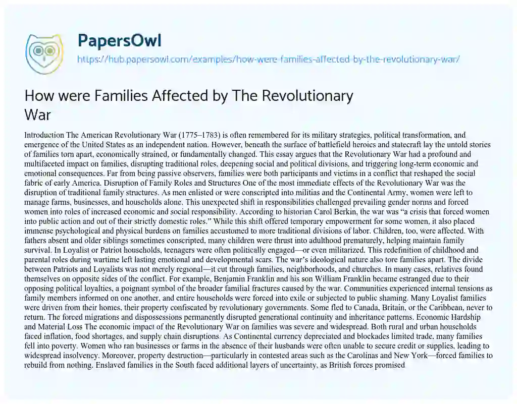 Essay on How were Families Affected by The Revolutionary War