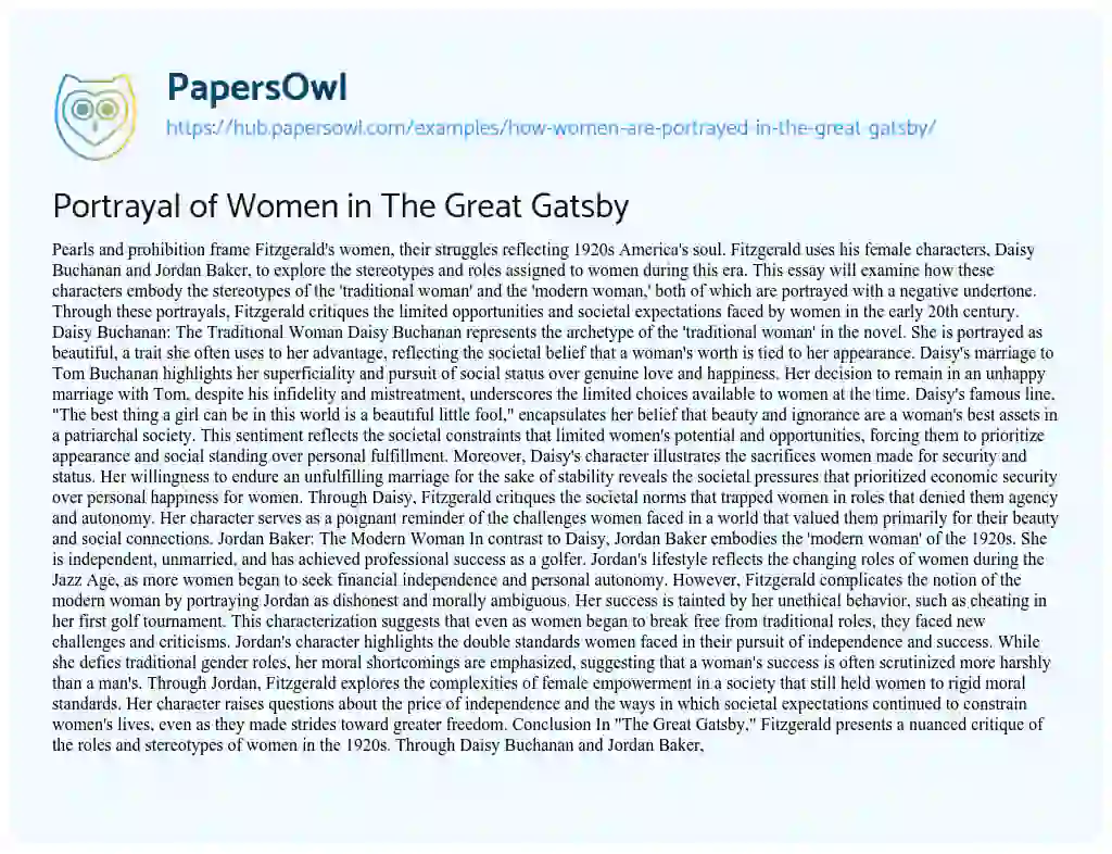 Essay on Portrayal of Women in The Great Gatsby