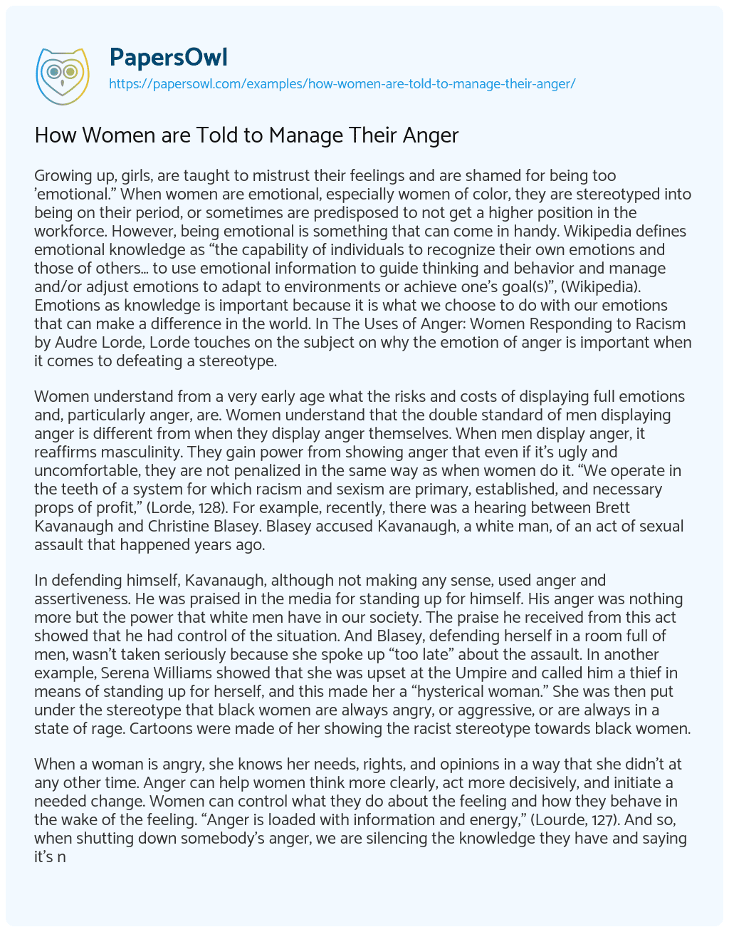Essay on How Women are Told to Manage Their Anger
