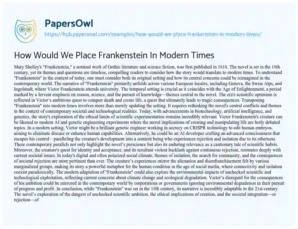 Essay on How Would We Place Frankenstein In Modern Times