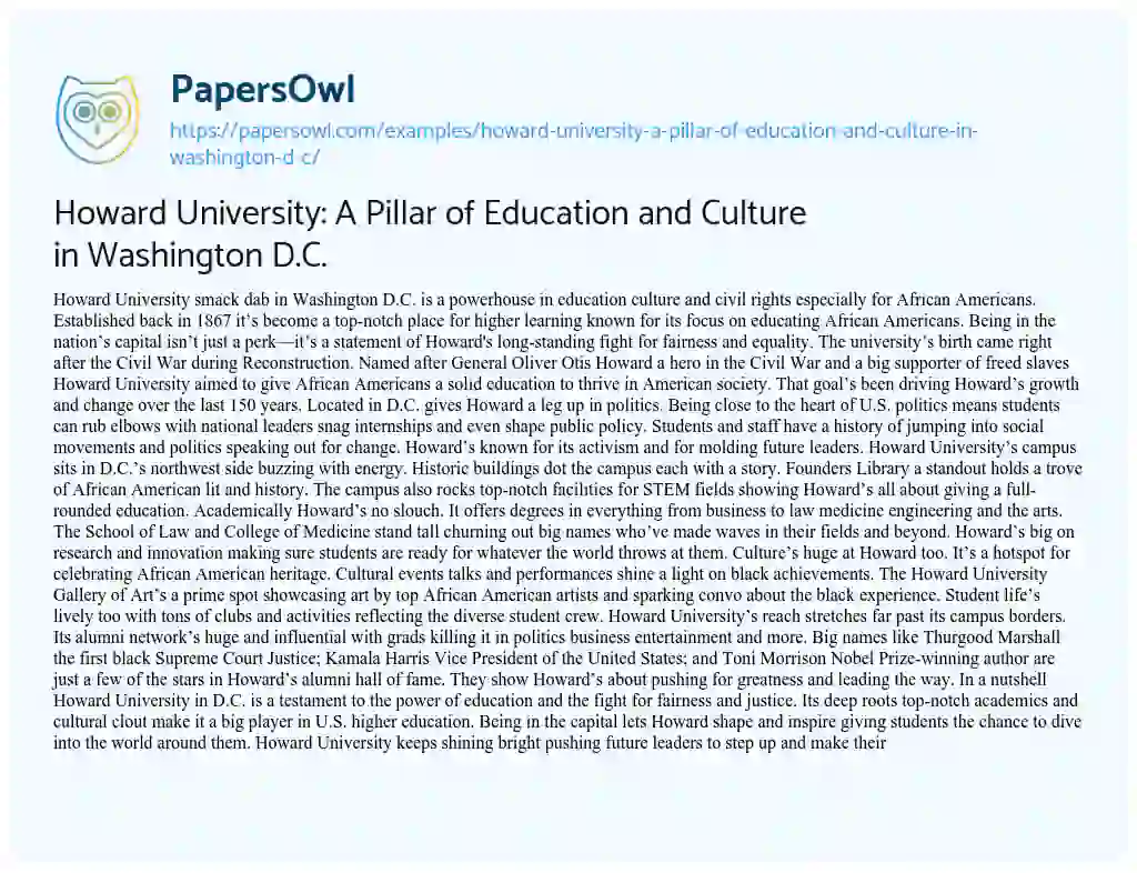 Essay on Howard University: A Pillar of Education and Culture in Washington D.C.