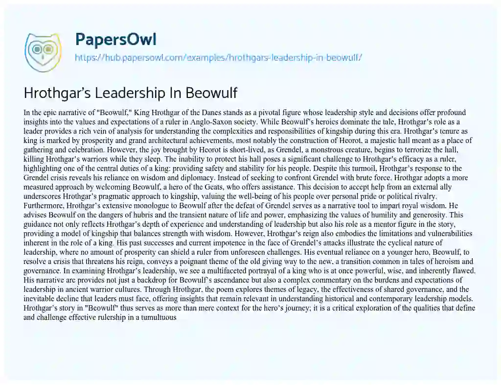 Essay on Hrothgar’s Leadership In Beowulf