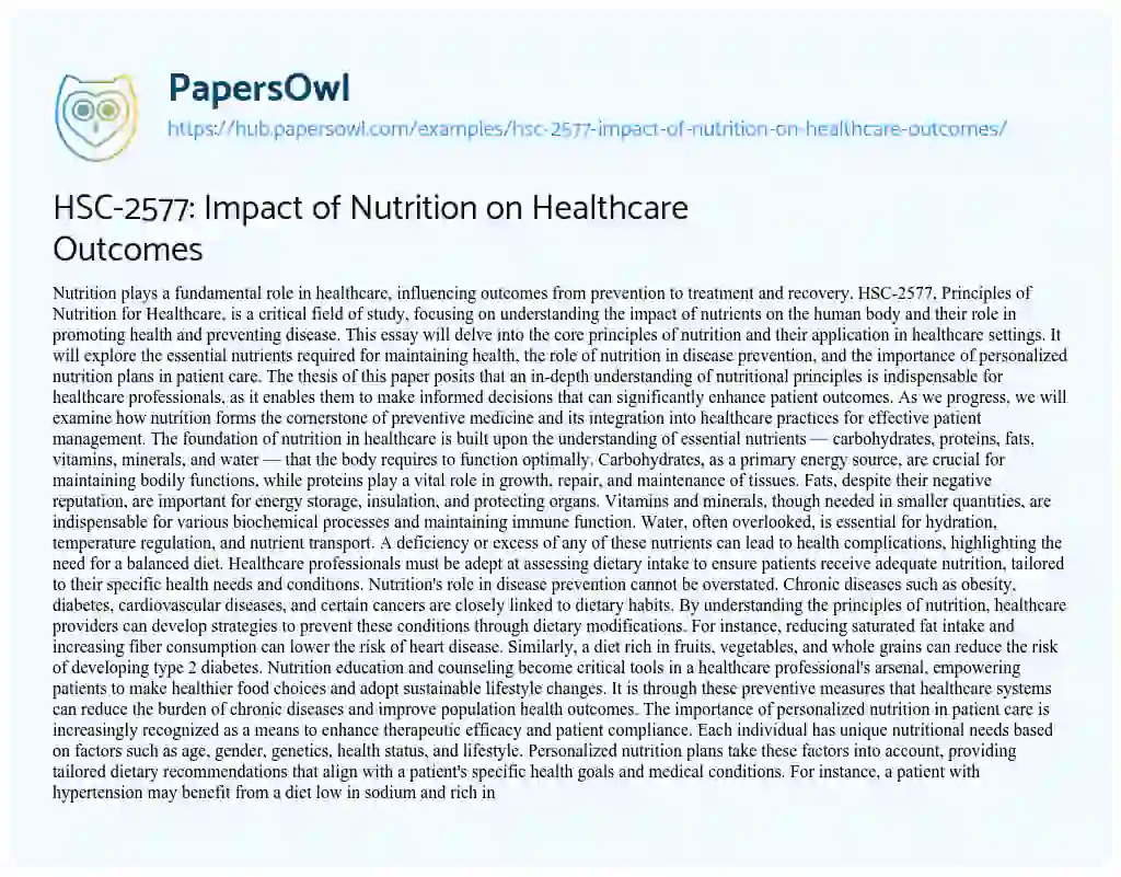 Essay on HSC-2577: Impact of Nutrition on Healthcare Outcomes