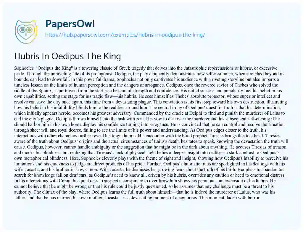 Essay on Hubris In Oedipus The King