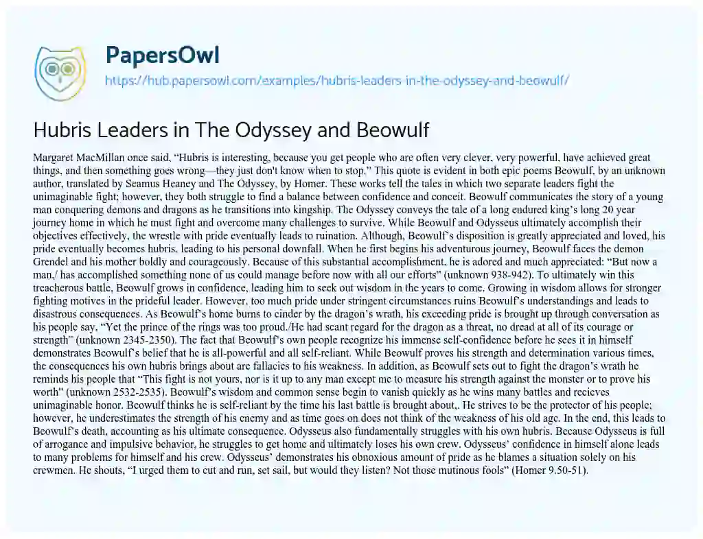 Essay on Hubris Leaders in The Odyssey and Beowulf
