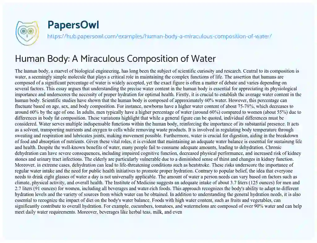 Essay on Human Body: A Miraculous Composition of Water