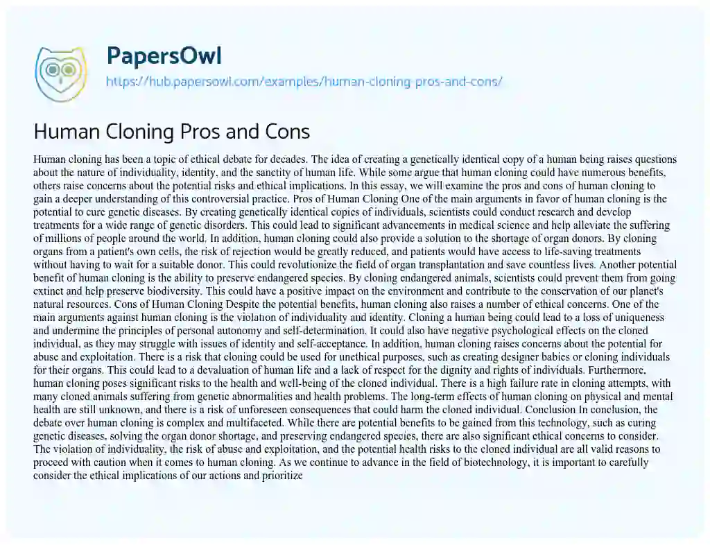 Essay on Human Cloning Pros and Cons