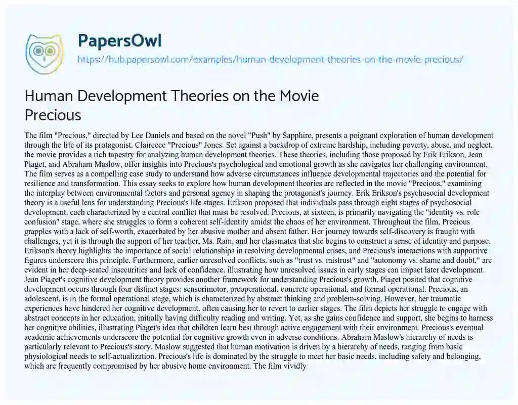 Essay on Human Development Theories on the Movie Precious