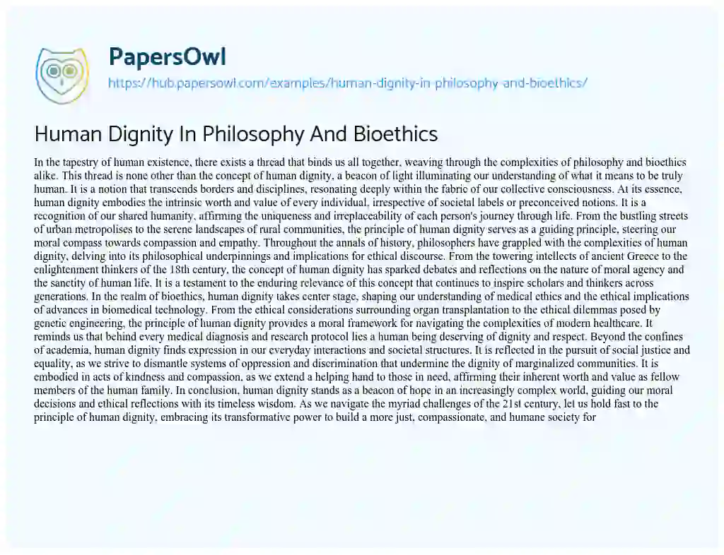 Essay on Human Dignity In Philosophy And Bioethics
