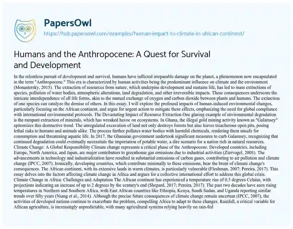Essay on Humans and the Anthropocene: A Quest for Survival and Development