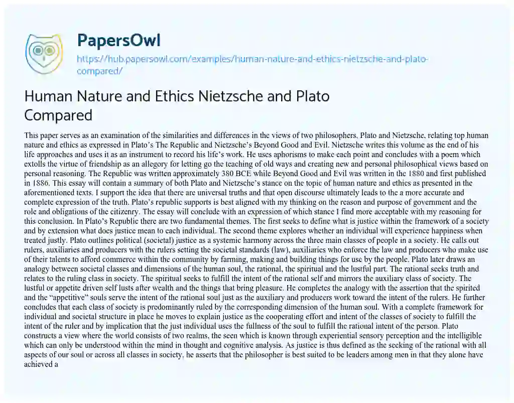 Essay on Human Nature and Ethics Nietzsche and Plato Compared