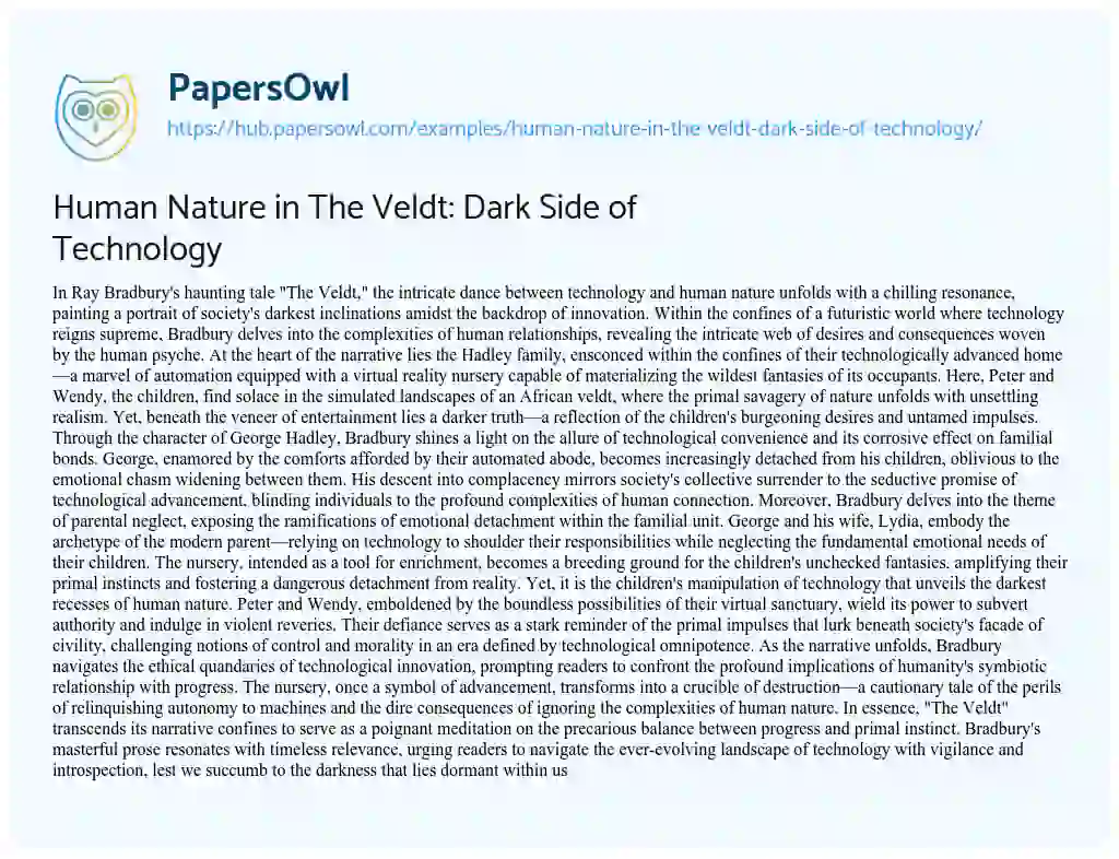 Essay on Human Nature in The Veldt: Dark Side of Technology