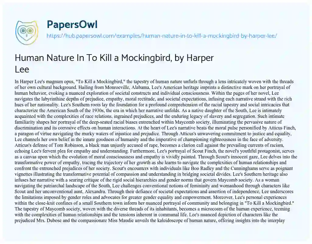 Essay on Human Nature In To Kill a Mockingbird, by Harper Lee