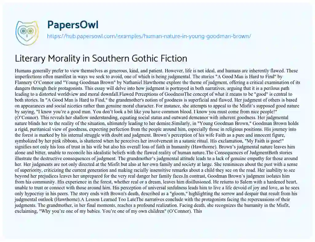 Essay on Literary Morality in Southern Gothic Fiction